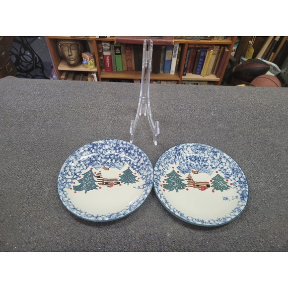Folk Craft Tienshan Cabin in the Snow Salad Plates 7-5/8" Set of 2 Christmas - Picture 4 of 7
